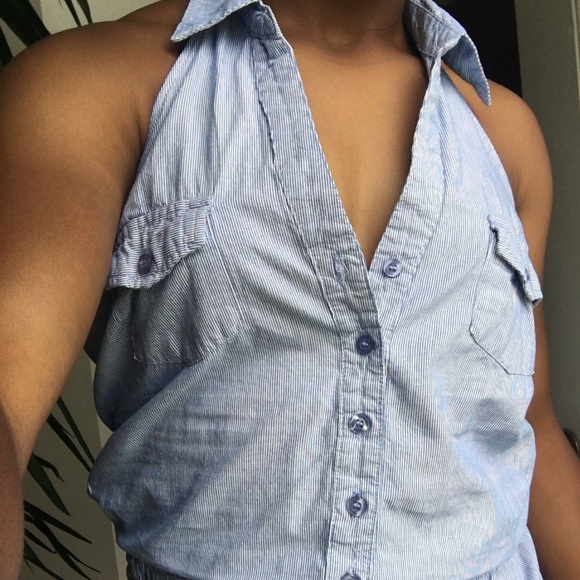 sleeveless striped v-neck button-up romper shorts - Picture 6 of 7